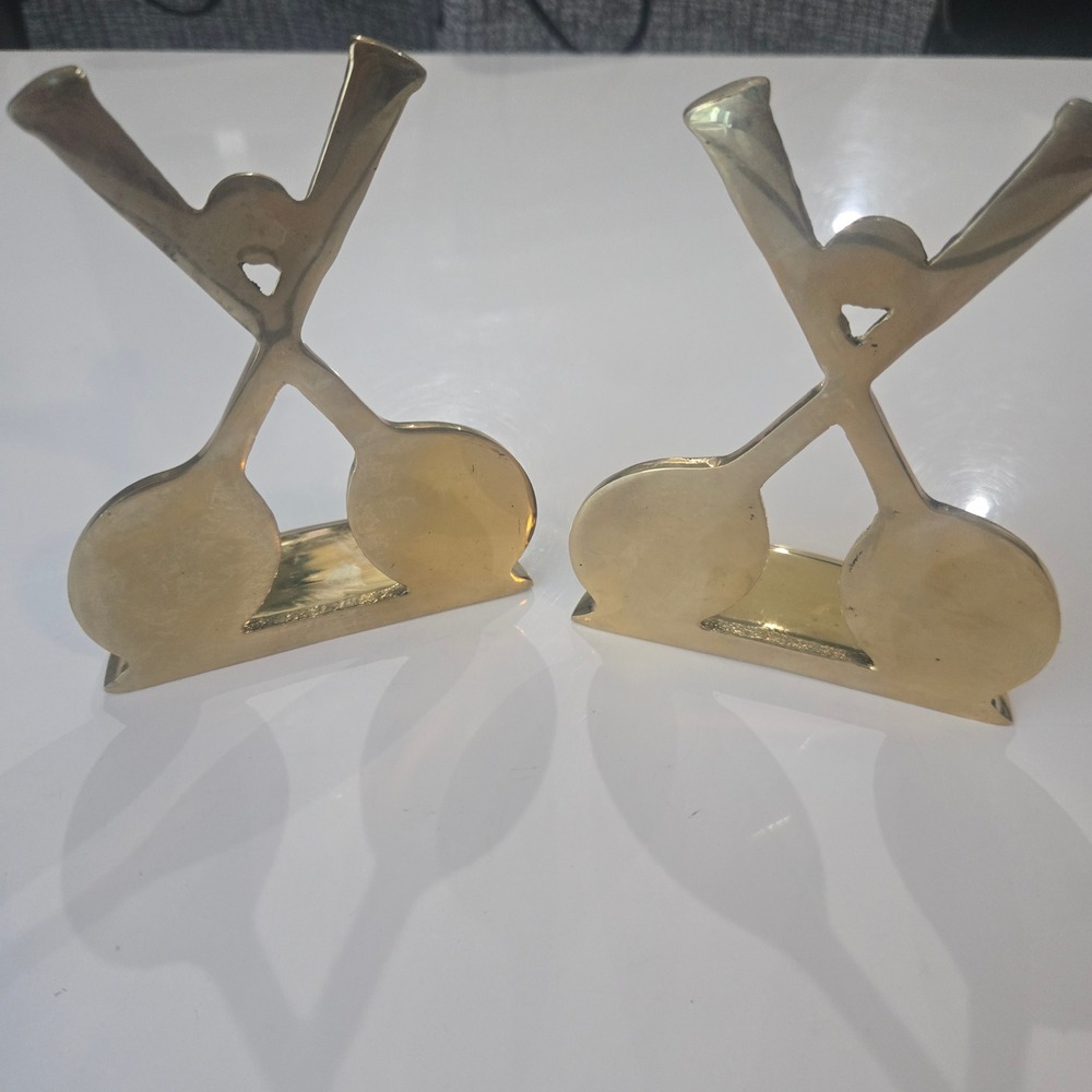 Vintage Brass Tennis Racket Bookends Pair 1970s Taiwan Sports Decor Gold Tone - Picture 2 of 11